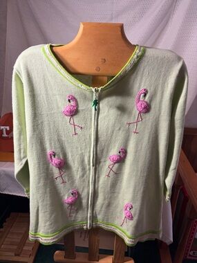 Storybook Knits Light Green Cardigan with Pink Flamingo Embroidery